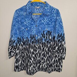 B#11 Southern Lady Petite Blue Animal Print 3/4‎ Sleeve Button Down Shirt sz  PL